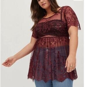 TORRID Women's 3x Babydoll Top Stretch Lace Wine Burgundy Scoop Neck